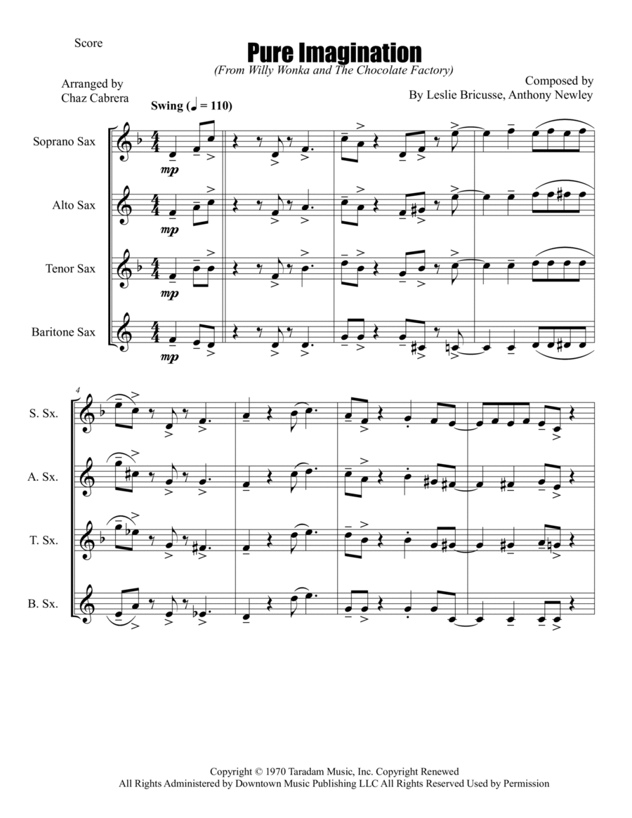 Pure Imagination Saxophone Quartet scores gallery preview page 1