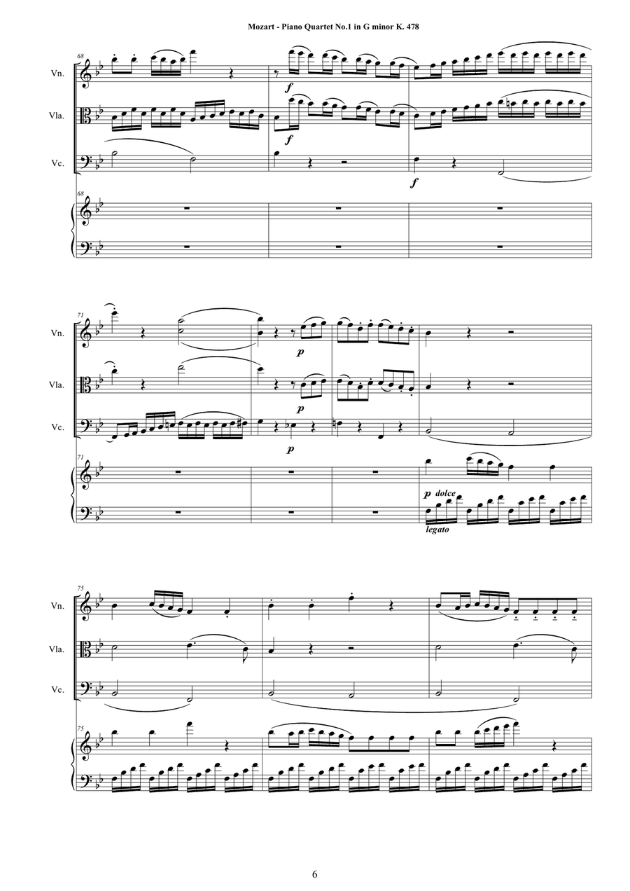 Mozart - Piano Quartet No.1 in G minor K 478 for Violin,Viola, Cello and Piano - Score and Parts Piano Quartet scores gallery preview page 6