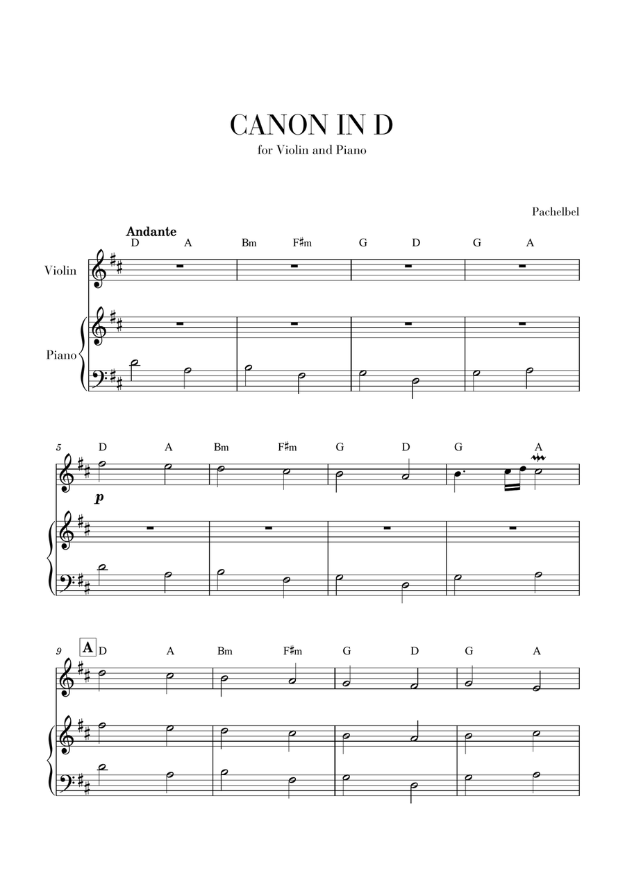 Canon in D for Violin and Very Easy Piano and Chords Small Ensemble scores gallery preview page 1