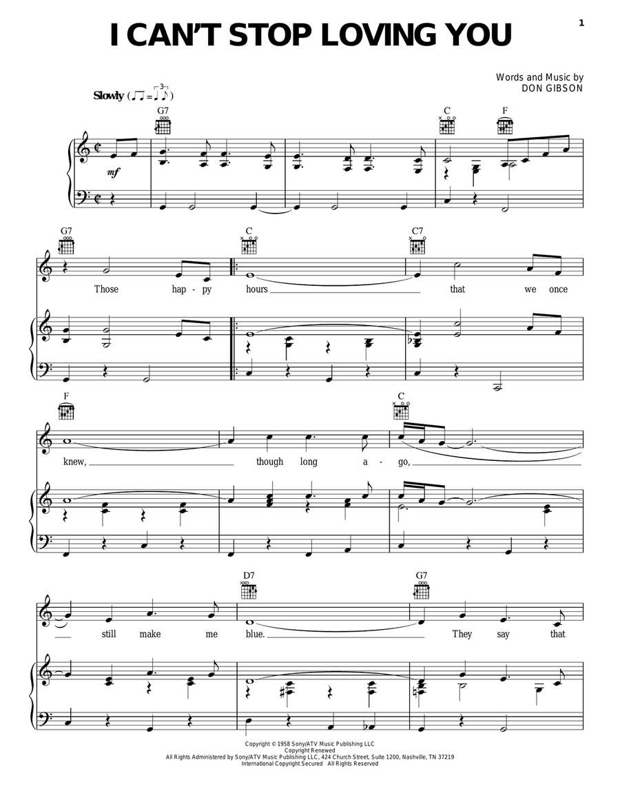 I Can't Stop Loving You Piano, Vocal, Guitar scores gallery preview page 1