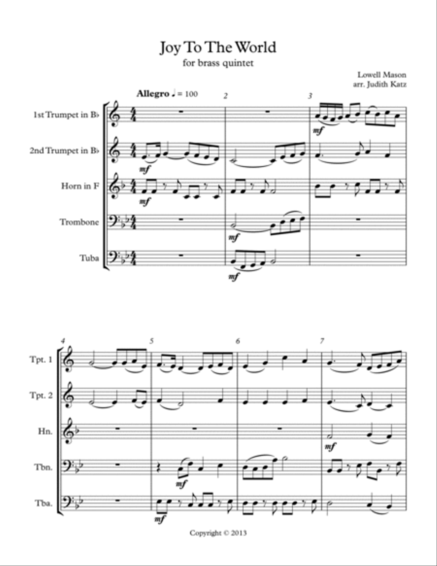Joy To The World - for brass quintet Brass Quintet scores gallery preview page 2