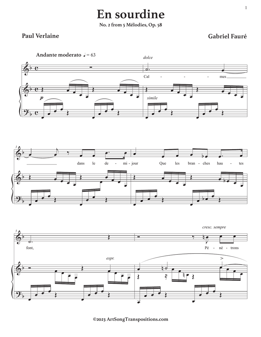 FAURÉ: En Sourdine, Op. 58 no. 2 (transposed to F major) Piano, Vocal scores gallery preview page 2
