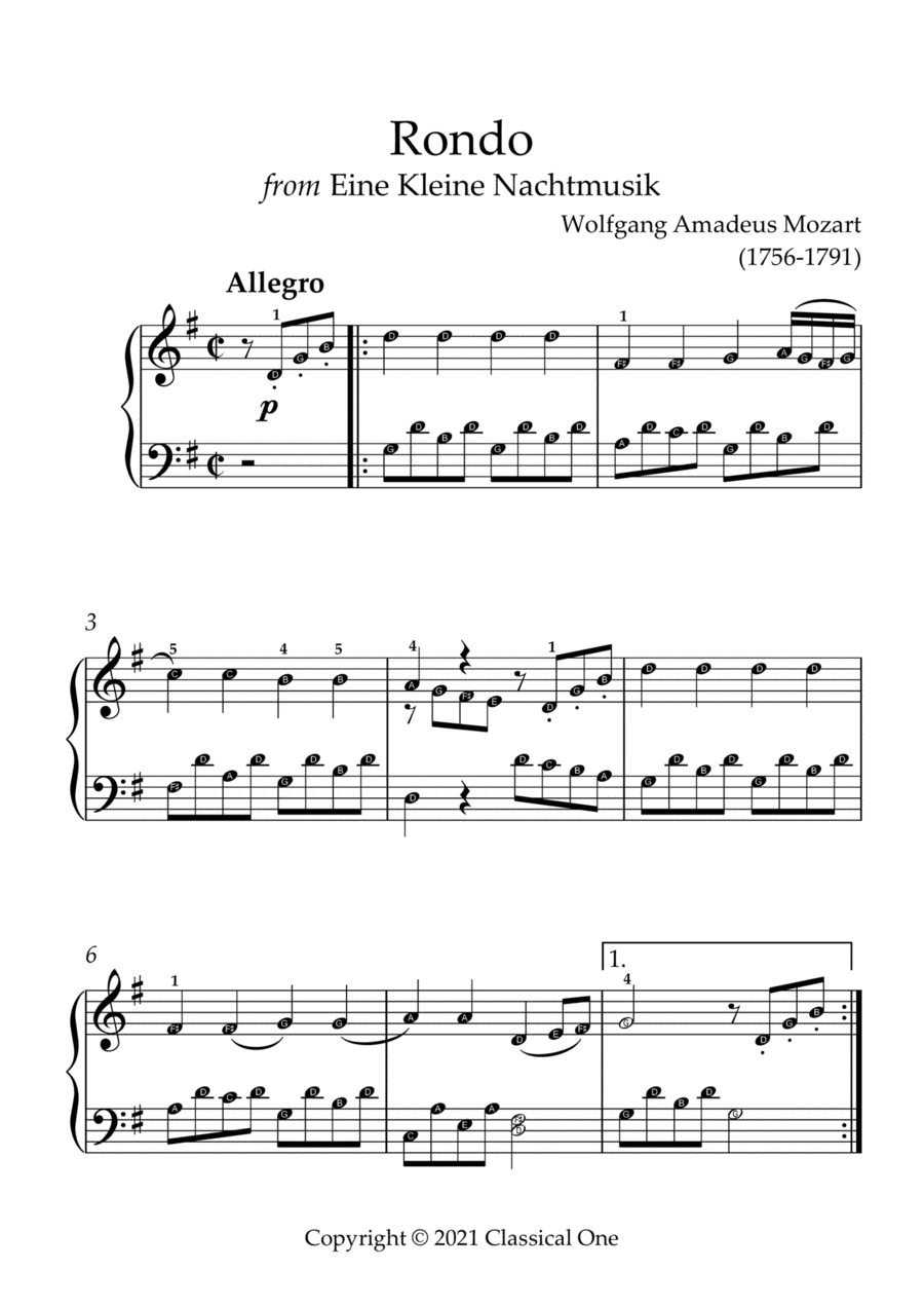 Mozart - Rondo (from Eine Kleine Nachtmusik)(With Note name) Easy Piano scores gallery preview page 1