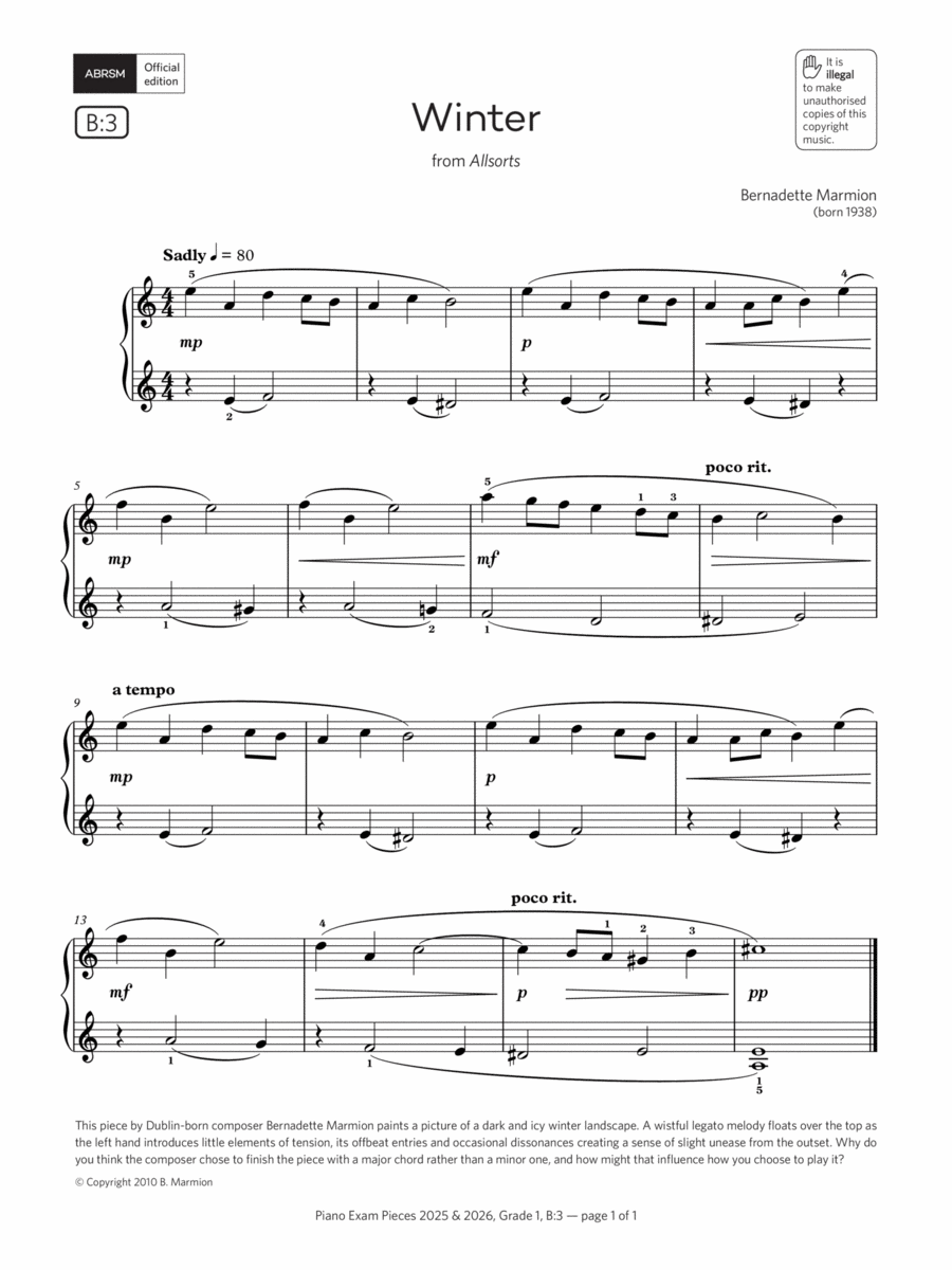 Winter (Grade 1, list B3, from the ABRSM Piano Syllabus 2025 & 2026) Piano Method scores gallery preview page 1