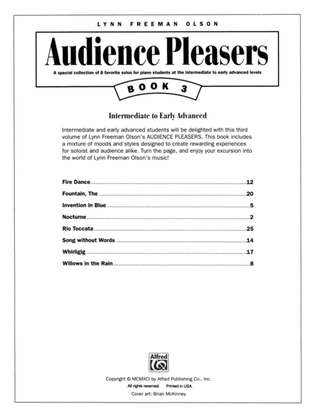 Book cover for Audience Pleasers, Book 3: A Special Collection of 8 Favorite Solos for Piano Students at the Intermediate to Early Advanced Levels