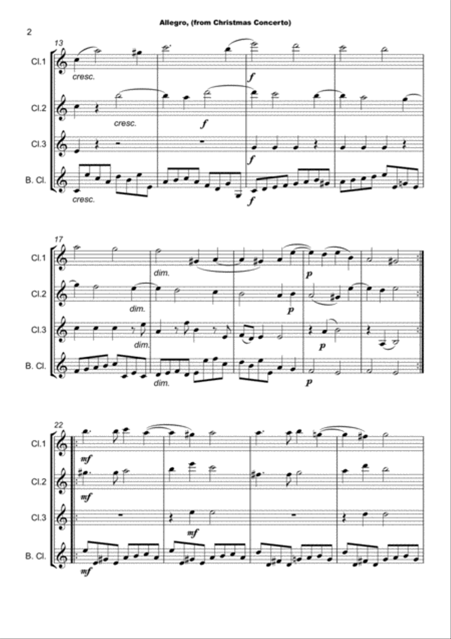 Christmas Concerto, Allegro, by Corelli; for Clarinet Quartet or Choir Clarinet Quartet scores gallery preview page 3