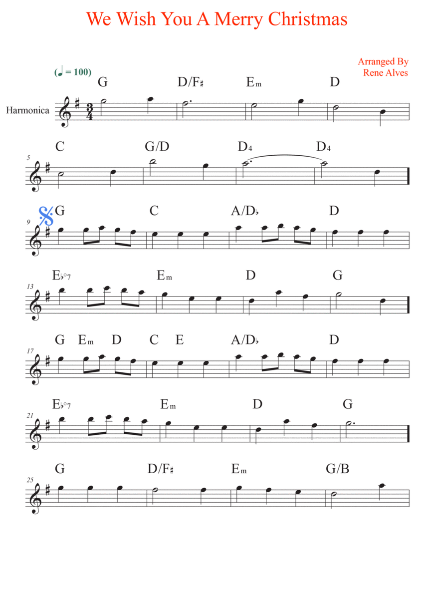 We Wish You A Merry Christmas, sheet music and harmonica melody for the beginning musician (easy). image number null
