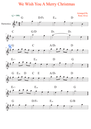 We Wish You A Merry Christmas, sheet music and harmonica melody for the beginning musician (easy).