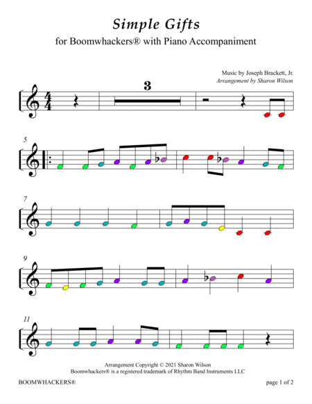 Simple Gifts (Color Coded for One Octave Boomwhackers with Piano) image number null