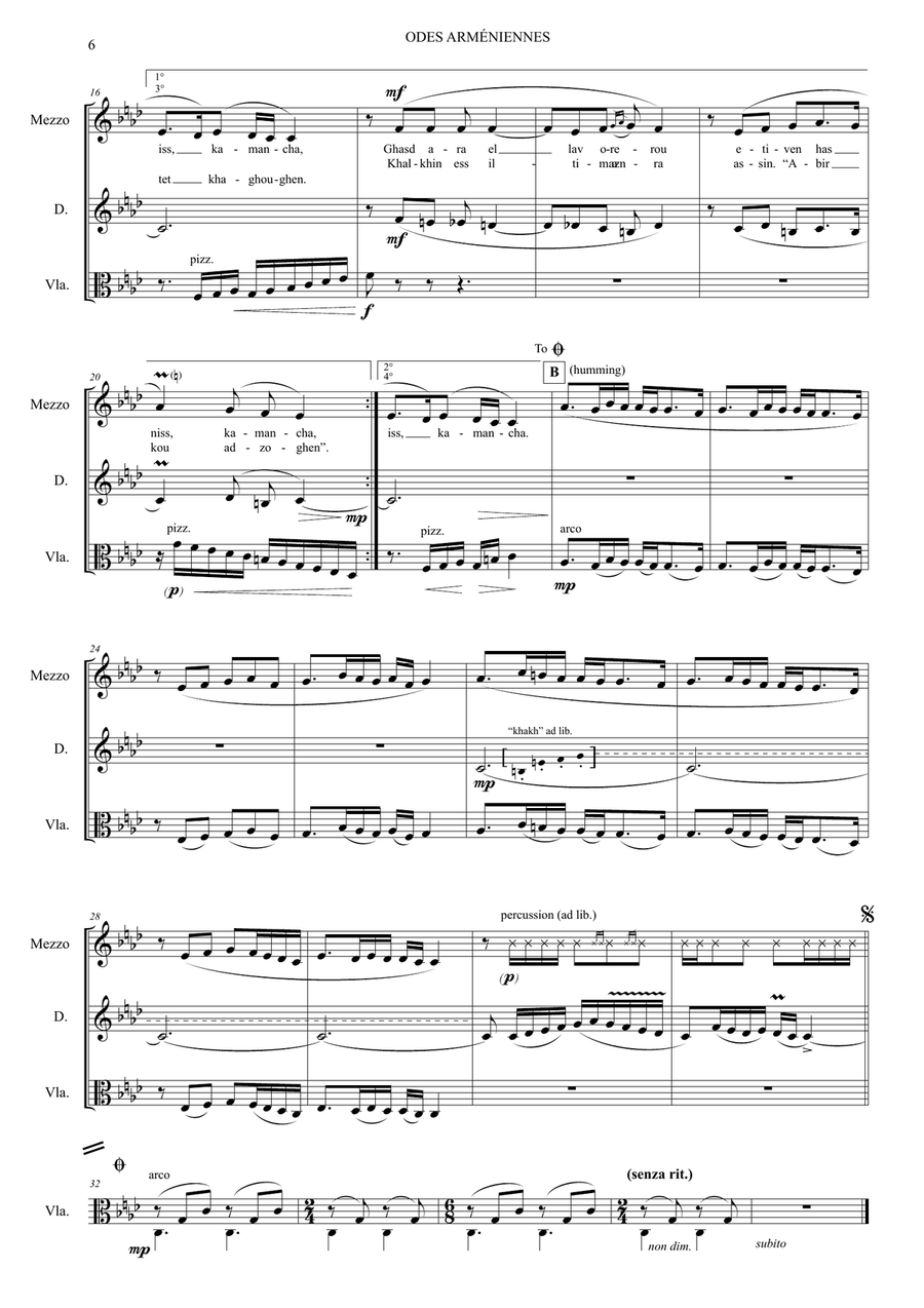 Odes Armeniennes (Armenian Odes), for duduk/english horn, voice, and viola Small Ensemble scores gallery preview page 6