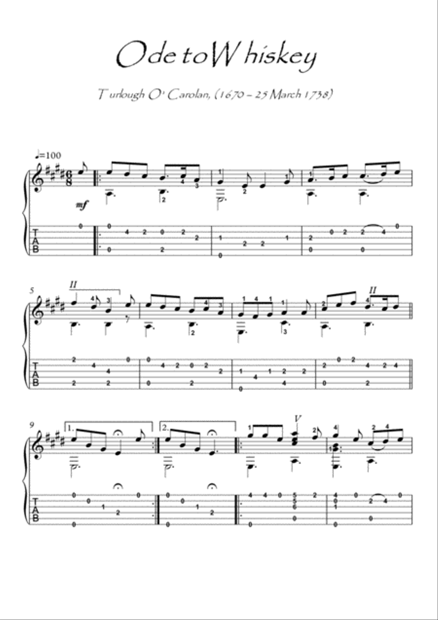Ode to Whiskey by Turlough O Carolan guitar fingerstyle Classical Guitar scores gallery preview page 1