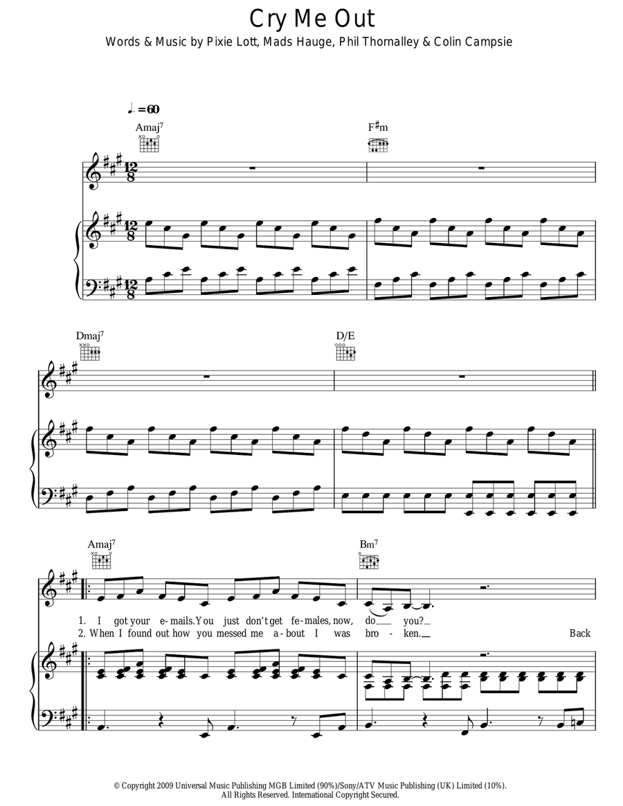 Cry Me Out Piano, Vocal, Guitar scores gallery preview page 1