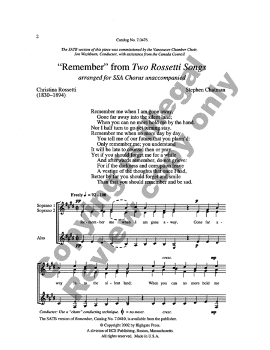 Two Rossetti Songs: 2. Remember SSA scores gallery preview page 5