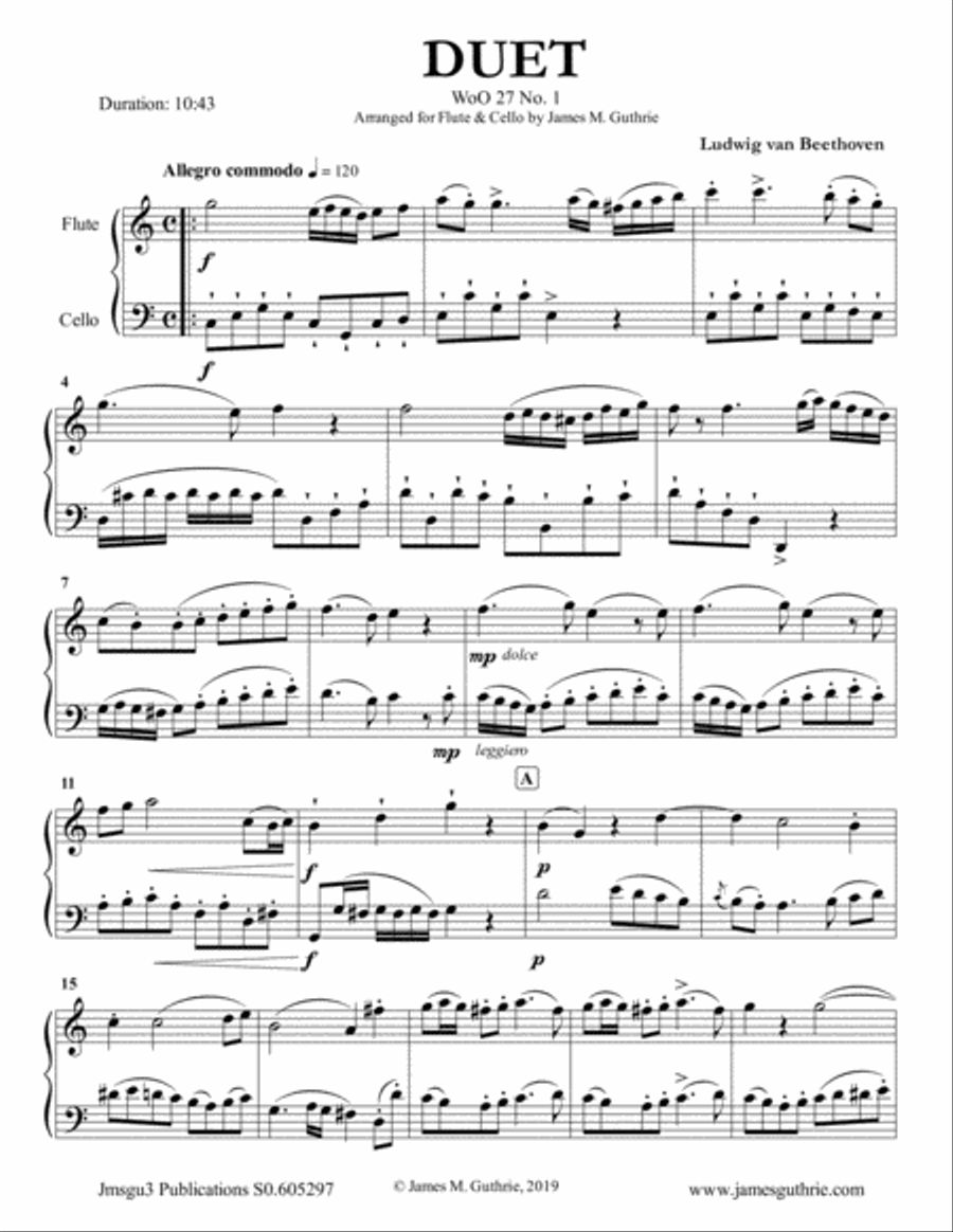 Beethoven: Three Duets WoO 27 for Flute & Cello Flute scores gallery preview page 1