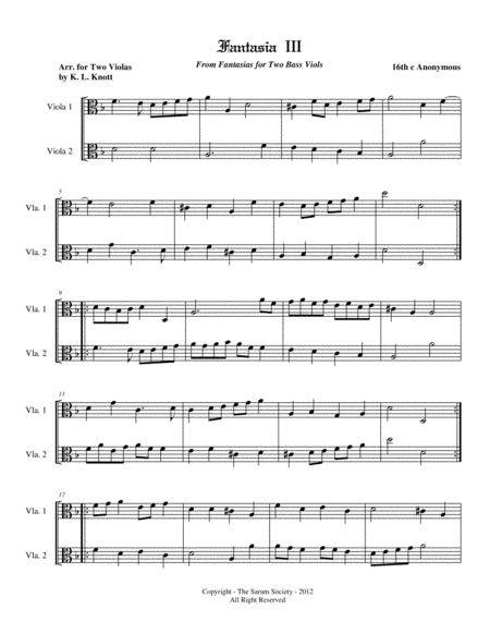 5 RENAISSENCE FANTASIAS for 2 Violas by 16th Century Anonymous Composer (arr. K. L. Knott)