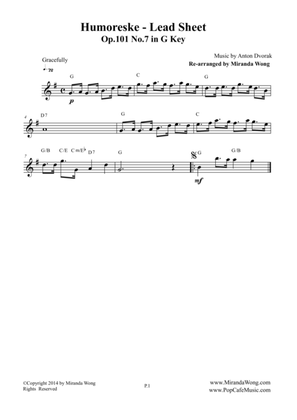 Humoreske Op.101 No.7 - Lead Sheet in G Key (Flute or Oboe Solo)