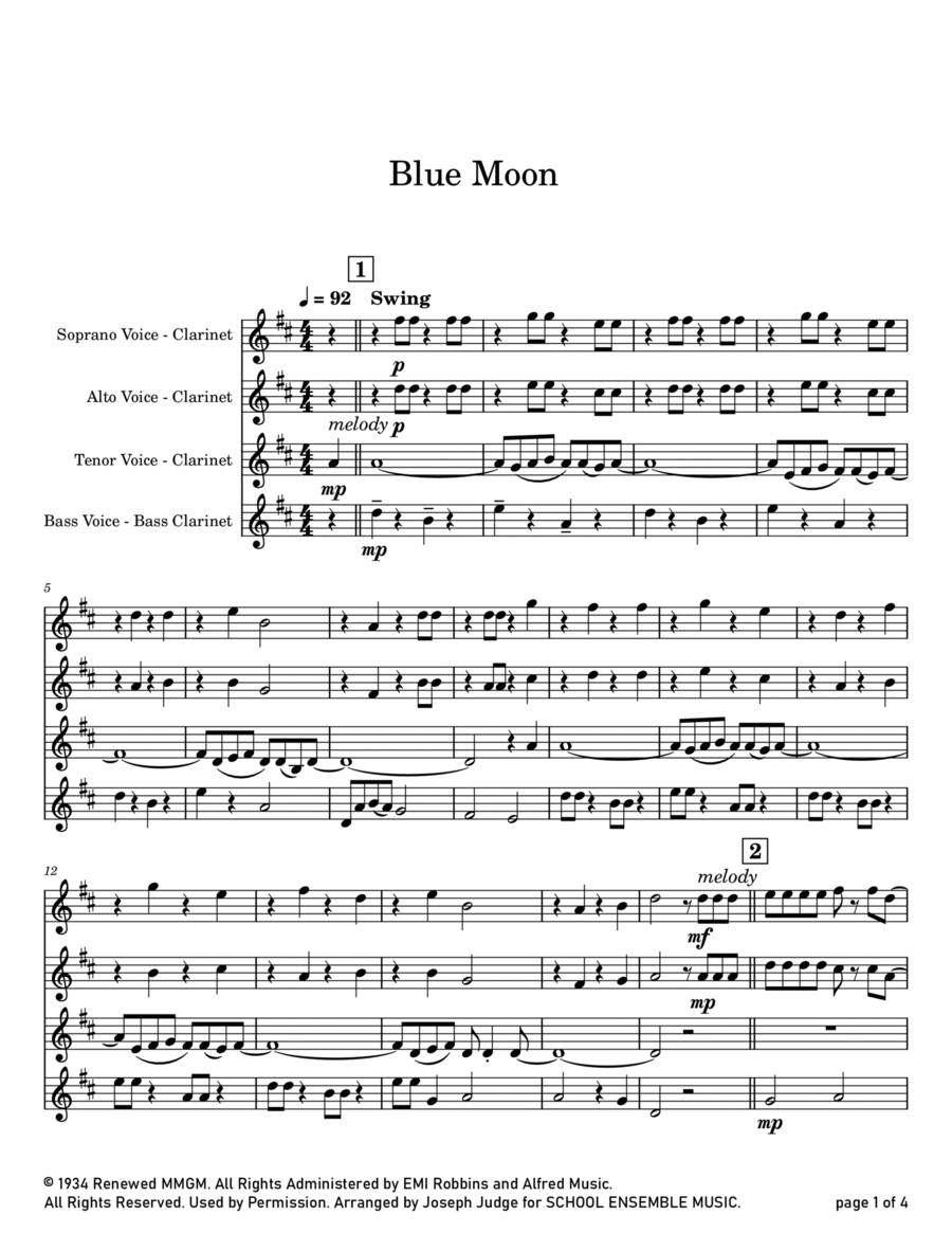 Blue Moon Blue Moon Clarinet Quartet scores gallery preview page 1