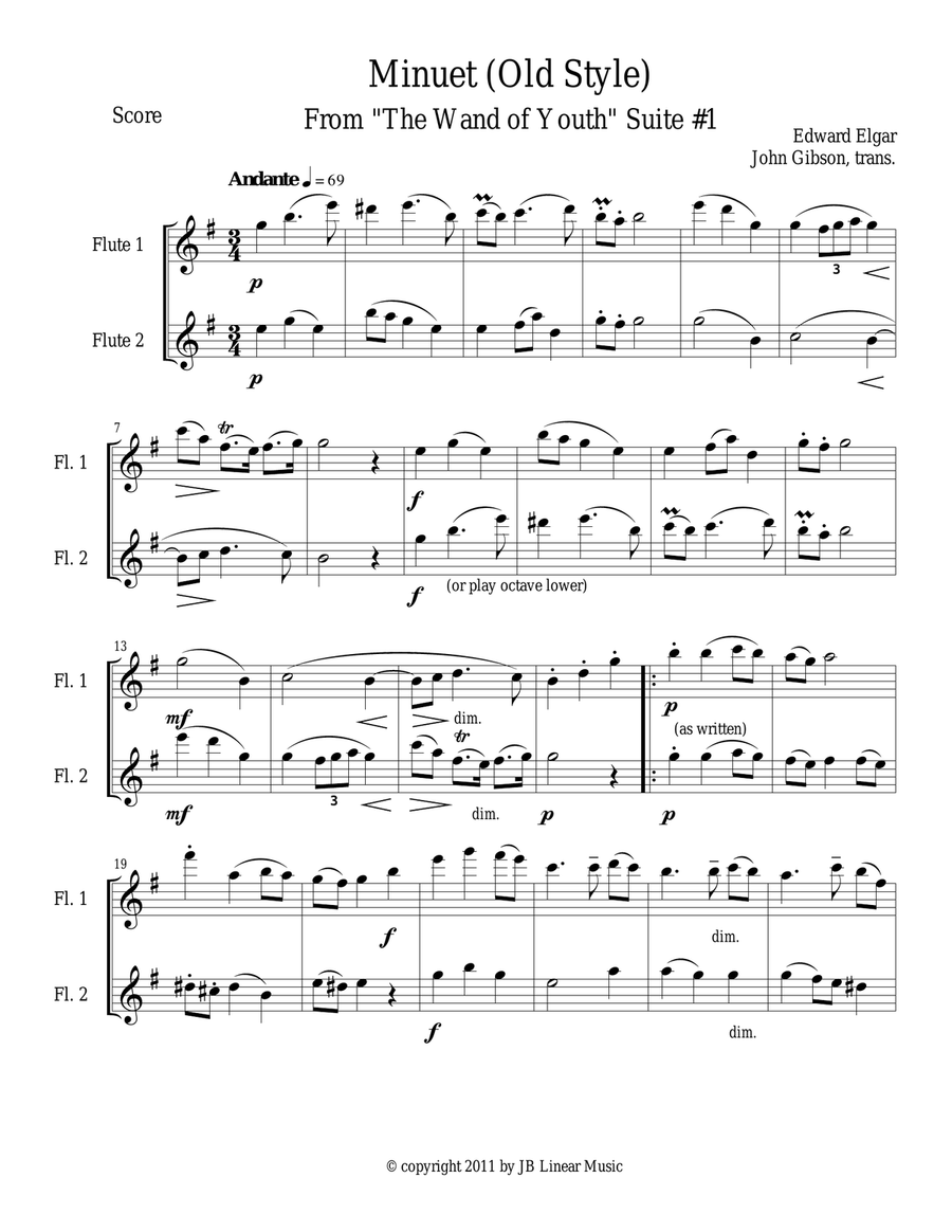 Minuet (Old Style) by Elgar for woodwind duets Woodwind Duet scores gallery preview page 1