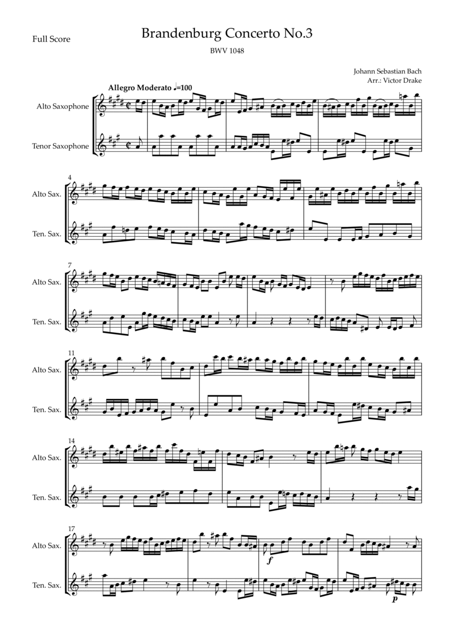 Brandenburg Concerto No. 3 in G major, BWV 1048 1st Mov. (J.S. Bach) for Saxophone Duo Woodwind Duet scores gallery preview page 1