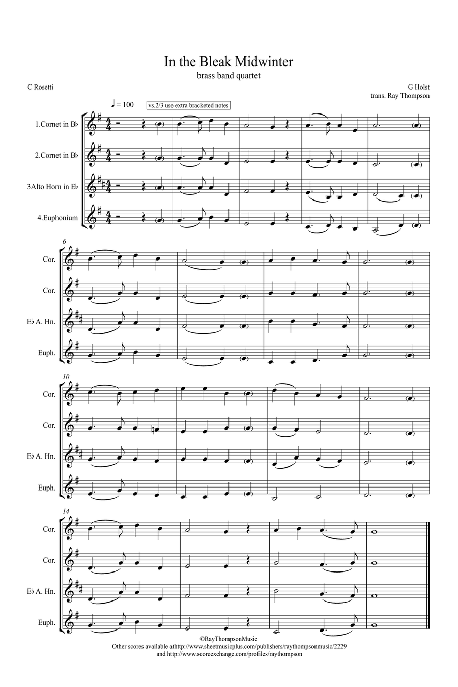Holst: In the Bleak Midwinter - brass band quartet (treble clef) Brass Quartet scores gallery preview page 1