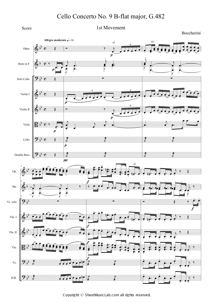 Cello Concerto No. 9 B flat major, G.482 1st Movement Orchestra scores gallery preview page 1