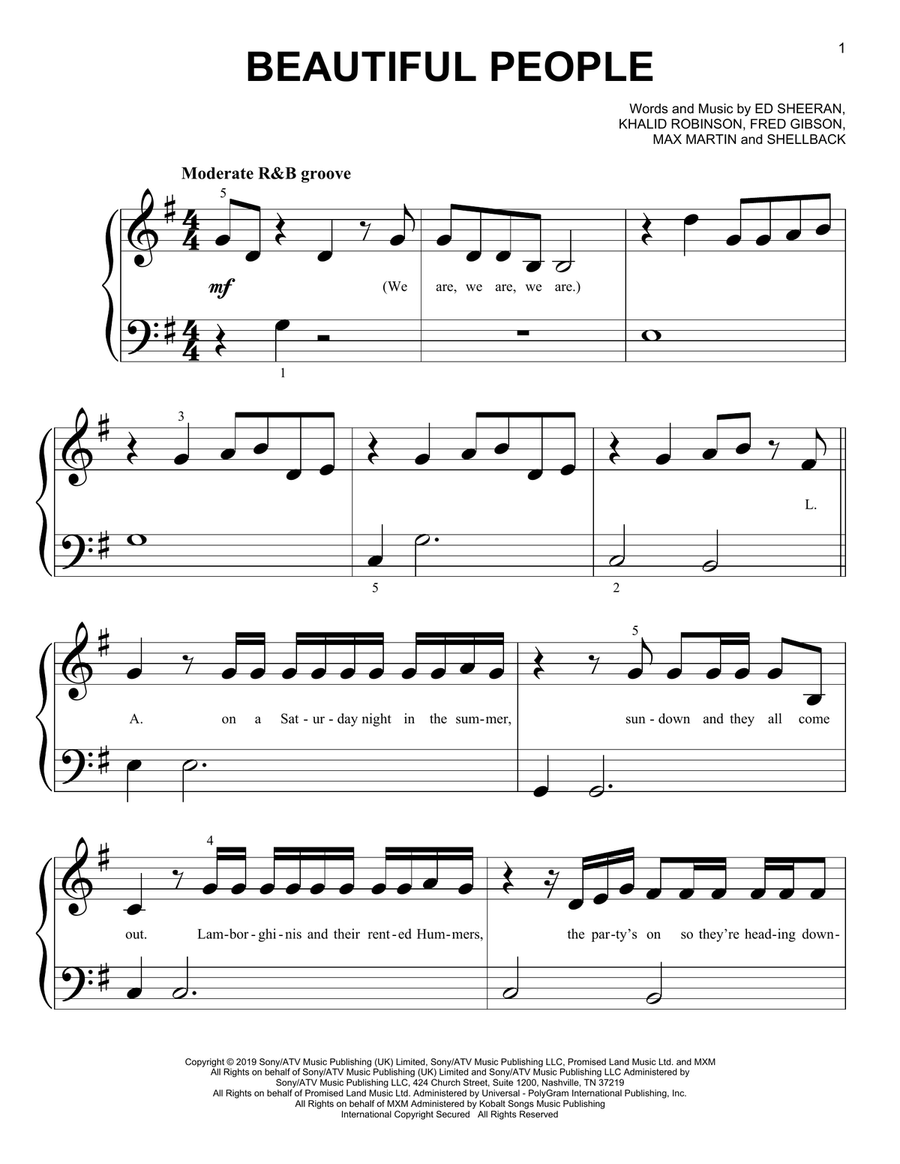 Beautiful People (feat. Khalid) Easy Piano scores gallery preview page 1