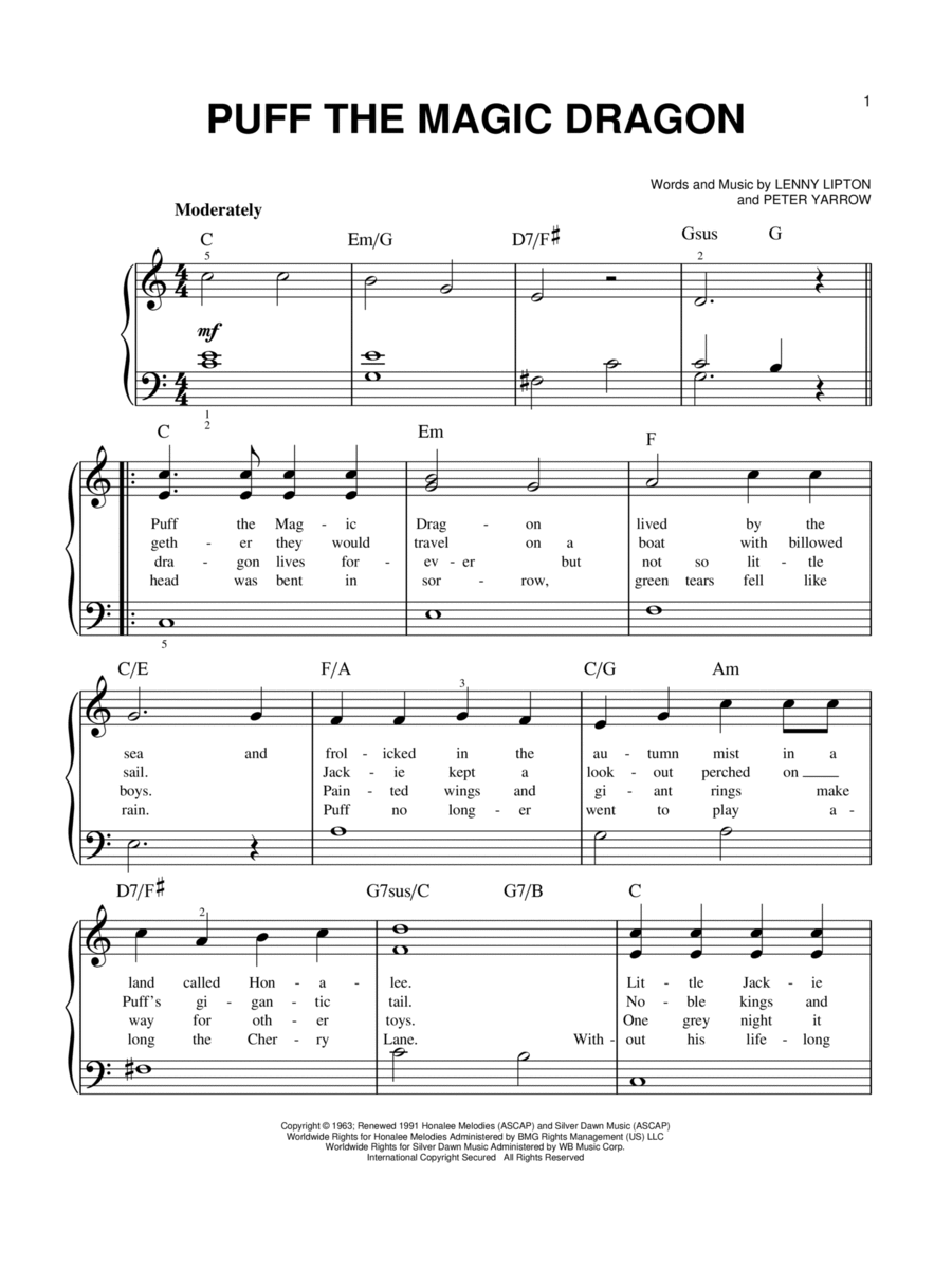Puff The Magic Dragon Puff The Magic Dragon Easy Piano scores gallery preview page 1