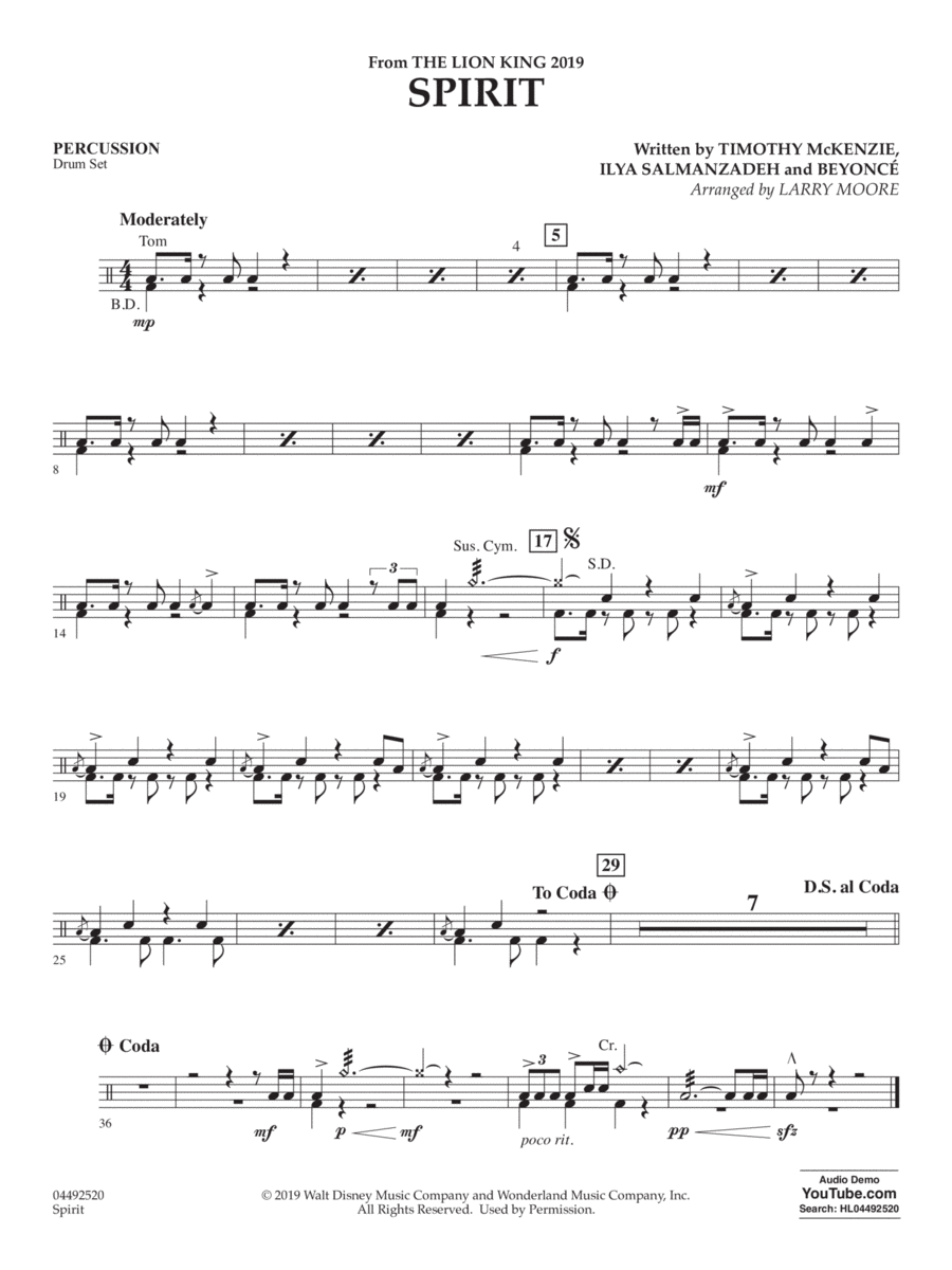 Spirit (from The Lion King 2019) (arr. Larry Moore) - Percussion