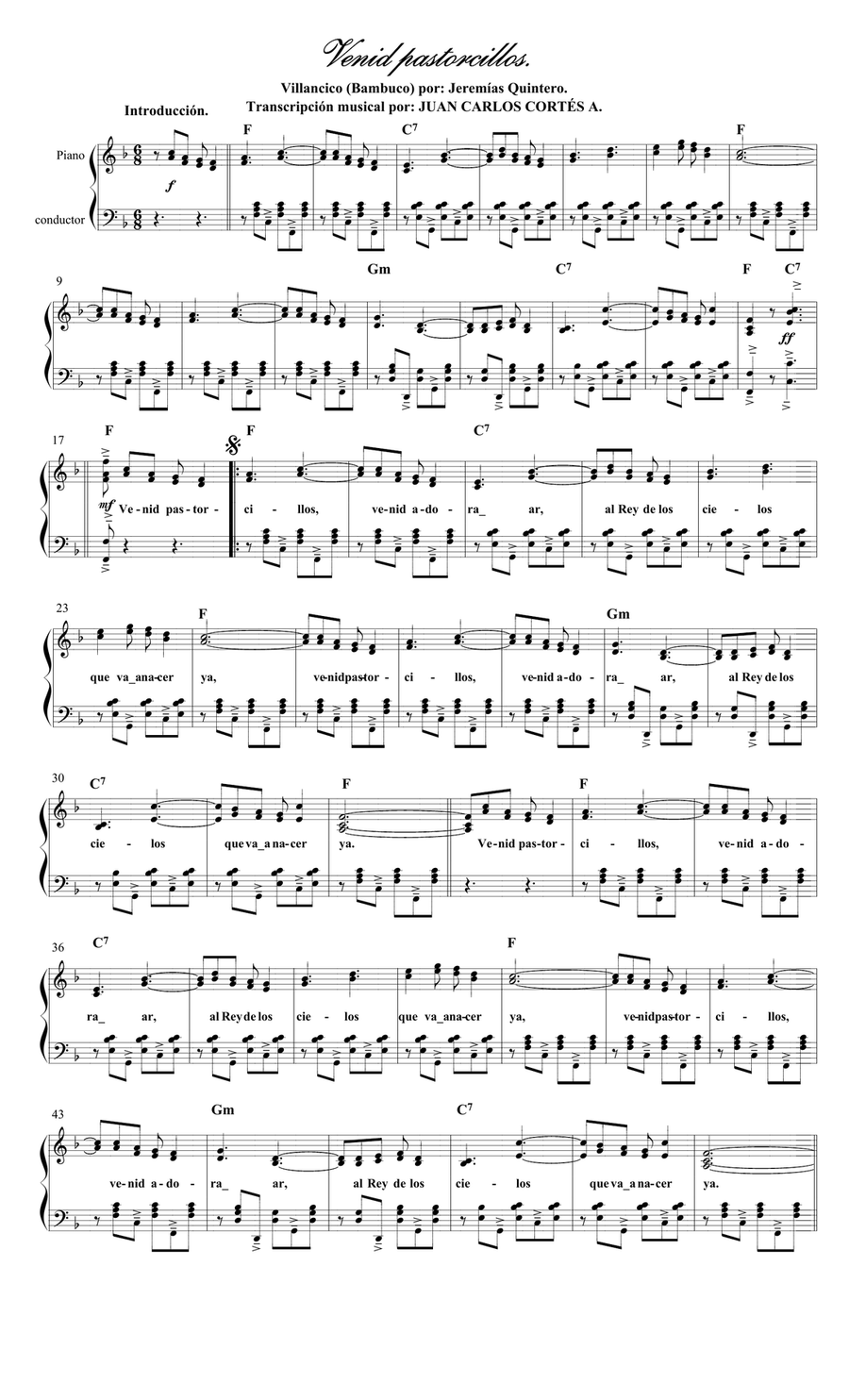 Venid pastorcillos. Villancico por: Jeremías Quintero Gutiérrez Piano Solo scores gallery preview page 1