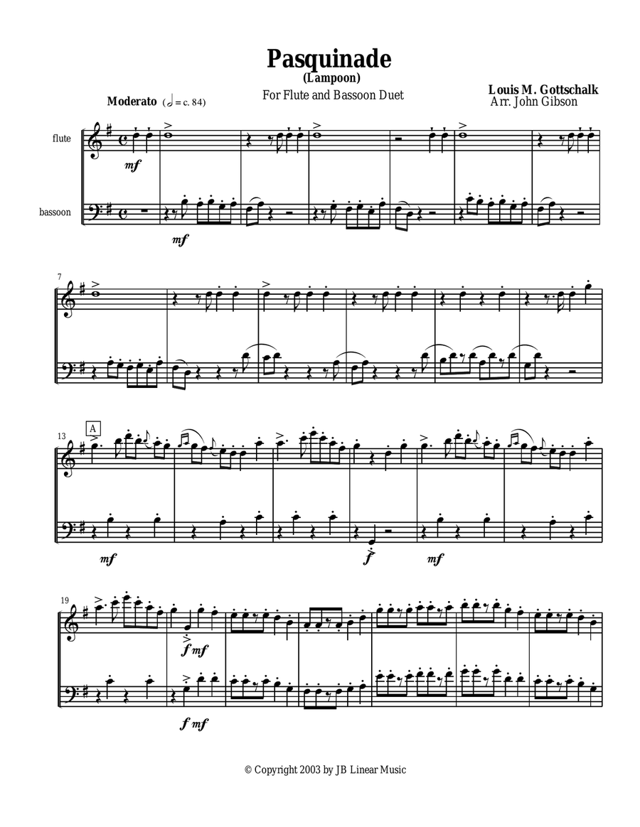 Pasquinade (Lampoon) by Gottschalk set for flute and bassoon duet Woodwind Duet scores gallery preview page 2