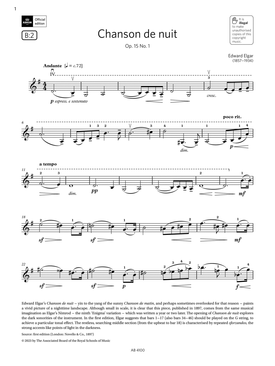 Chanson de nuit (Grade 6, B2, from the ABRSM Violin Syllabus from 2024) Violin Solo scores gallery preview page 1