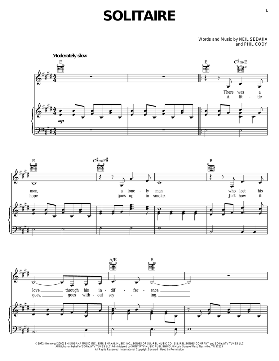 Solitaire Solitaire Piano, Vocal, Guitar scores gallery preview page 1