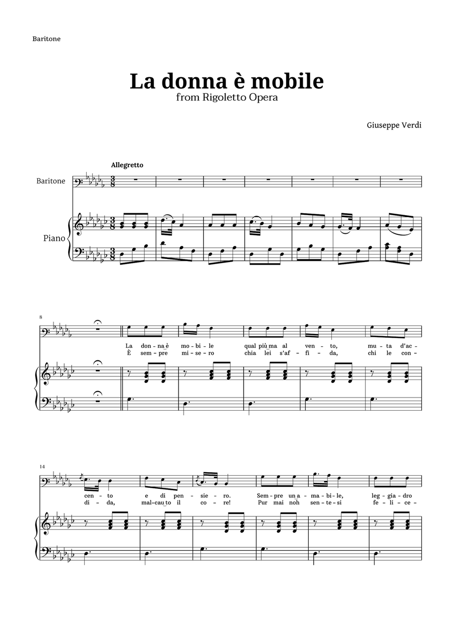 La donna è mobile in G-flat major for Baritone and Piano Piano, Vocal scores gallery preview page 1