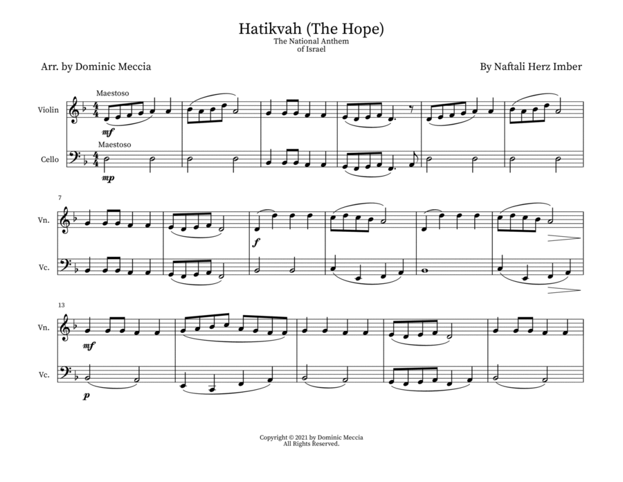 Hatikvah (The Hope) The National Anthem of Israel- Violin and Cello Duet image number null