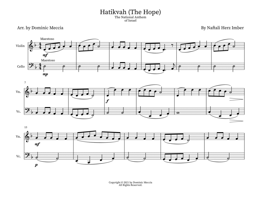 Hatikvah (The Hope) The National Anthem of Israel- Violin and Cello Duet String Duet scores gallery preview page 1