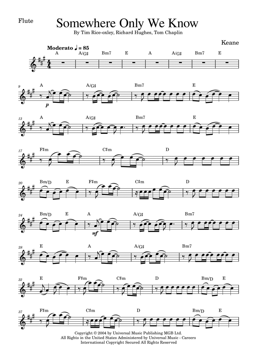 Somewhere Only We Know Flute Solo scores gallery preview page 1