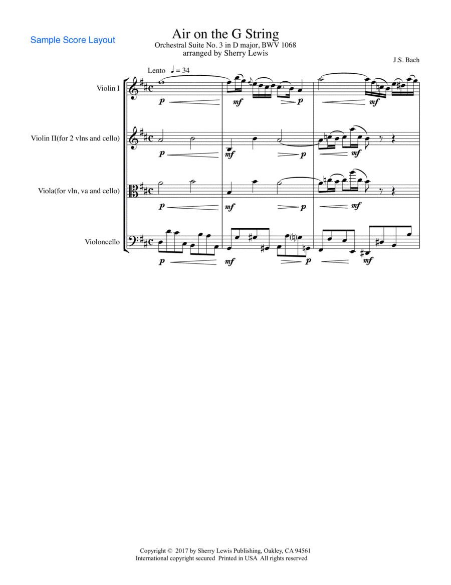 AIR ON THE G STRING for String Trio, Intermediate Level for 2 violins and cello or violin, viola and String Trio scores gallery preview page 1
