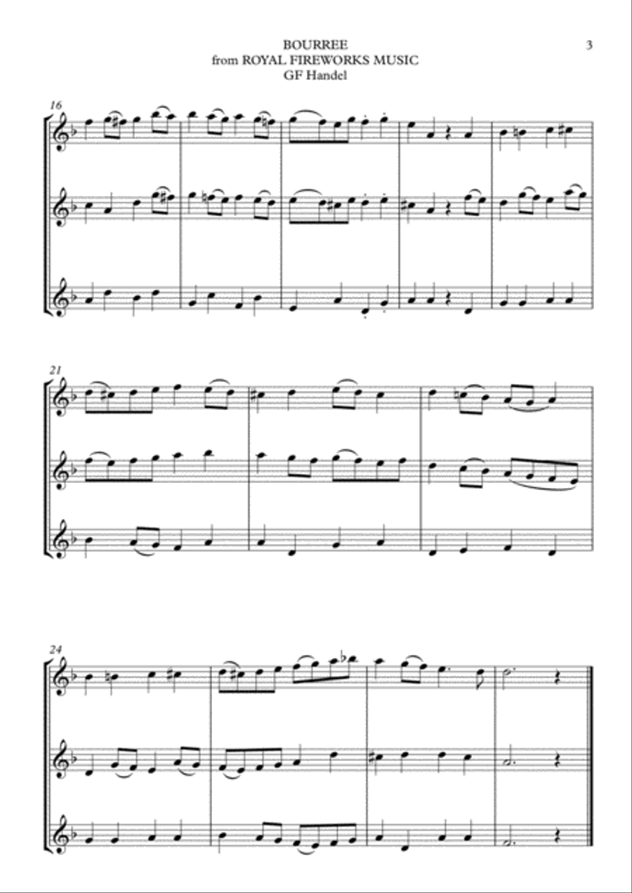 BOURREE from ROYAL FIREWORKS MUSIC Easy arrangement for 3 flutes - HANDEL Flute Trio scores gallery preview page 3