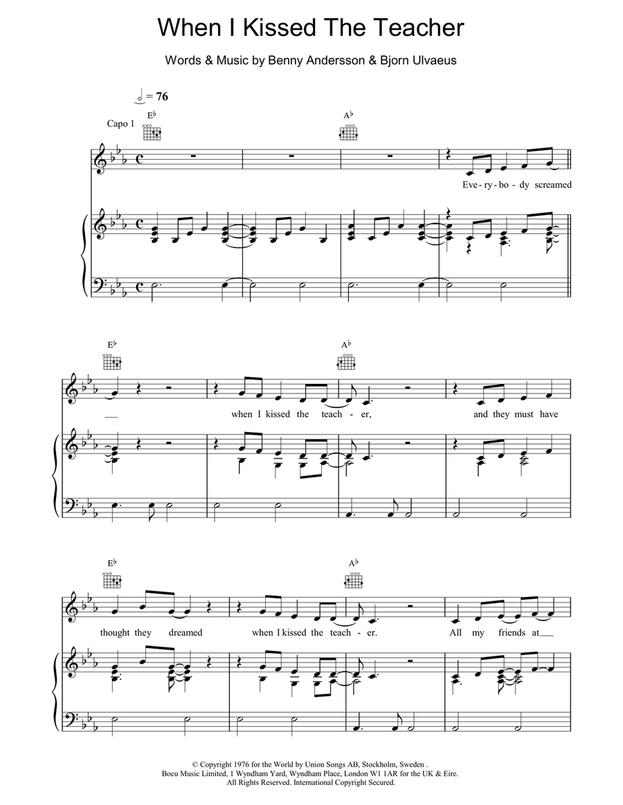When I Kissed The Teacher Piano, Vocal, Guitar scores gallery preview page 1