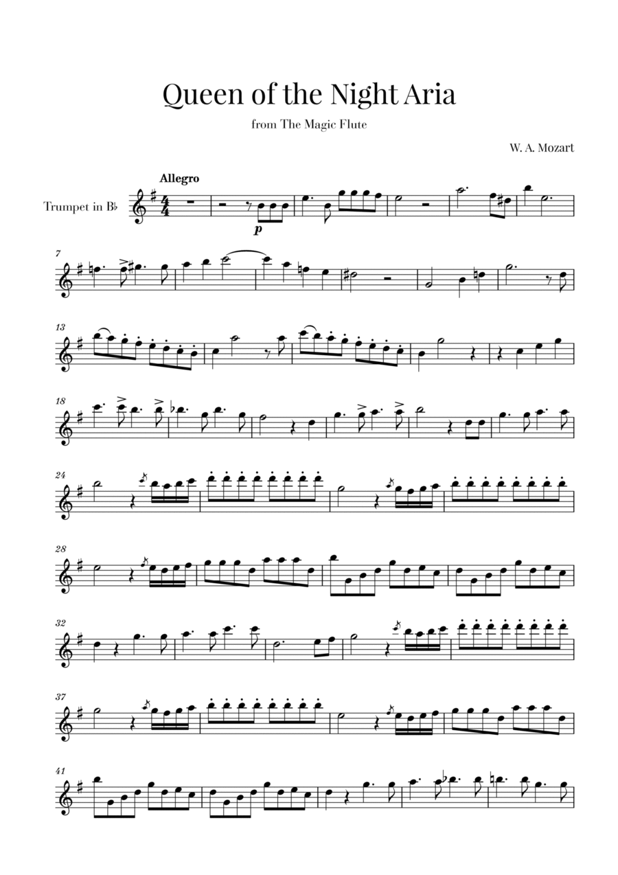 W. A. Mozart - Queen of the Night Aria (for Trumpet in Bb) Trumpet Duet scores gallery preview page 1