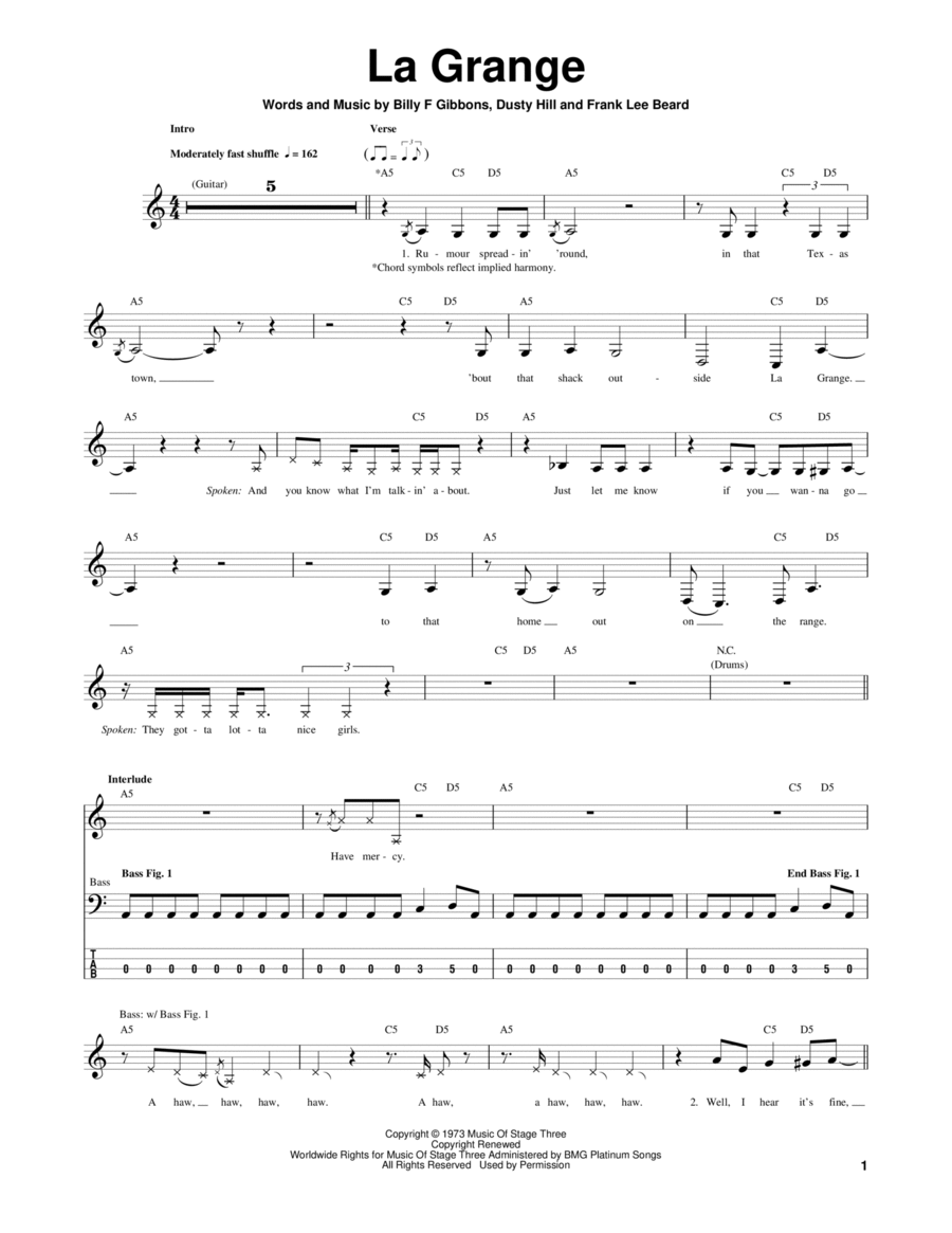 La Grange La Grange Guitar Tablature scores gallery preview page 1