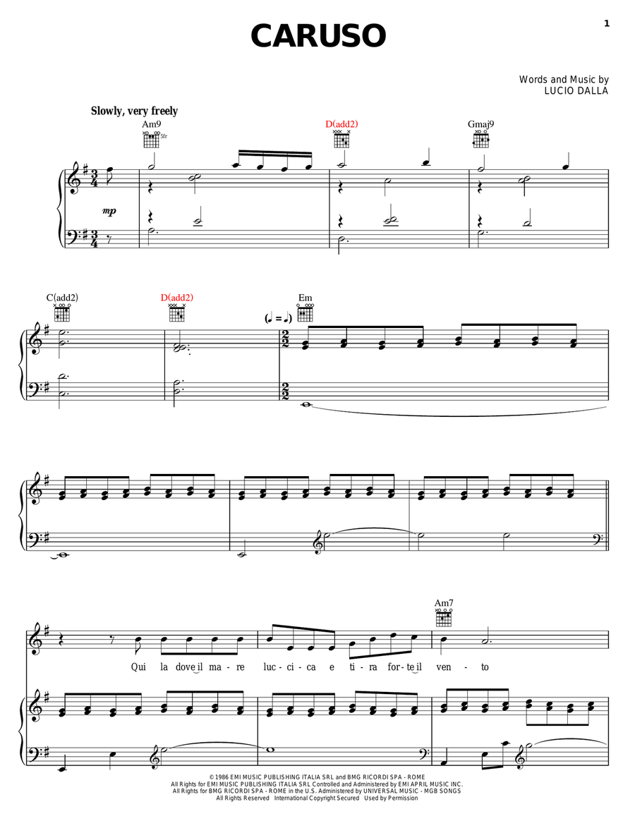 Caruso Caruso Piano, Vocal, Guitar scores gallery preview page 1