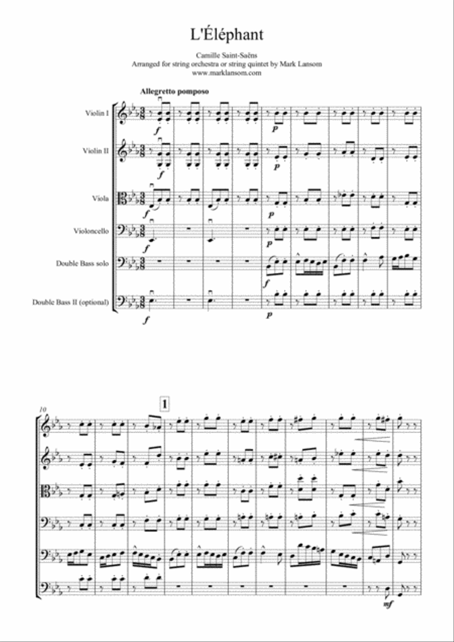 "The Elephant" (from Carnival of the Animals) for String Quintet or String Orchestra