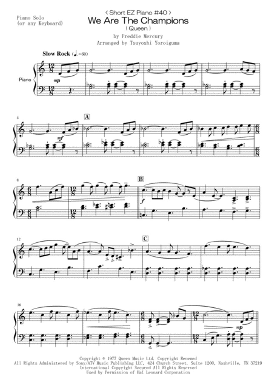 We Are The Champions Easy Piano scores gallery preview page 1