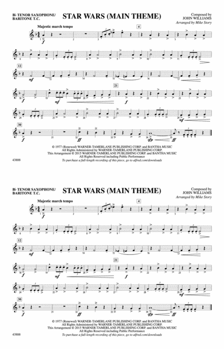 Star Wars (Main Theme): Bb Tenor Saxophone/Bartione Treble Clef