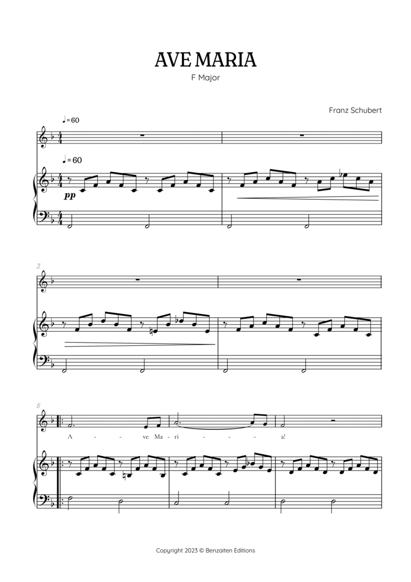 Schubert Ave Maria in F Major • soprano sheet music with easy piano accompaniment image number null