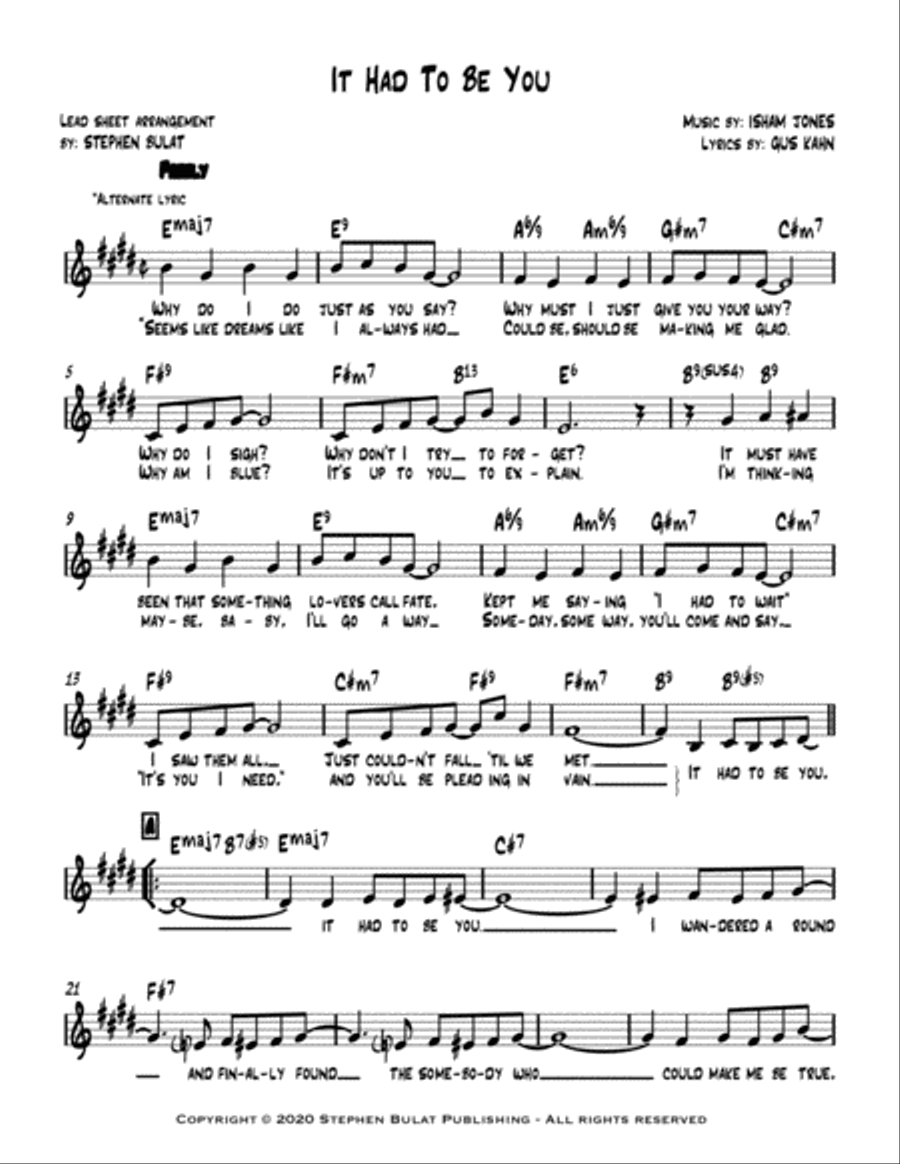 It Had To Be You (Harry Connick Jr., Frank Sinatra) - Lead sheet (key of E)