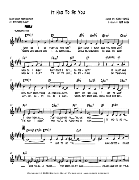 It Had To Be You (Harry Connick Jr., Frank Sinatra) - Lead sheet (key of E)