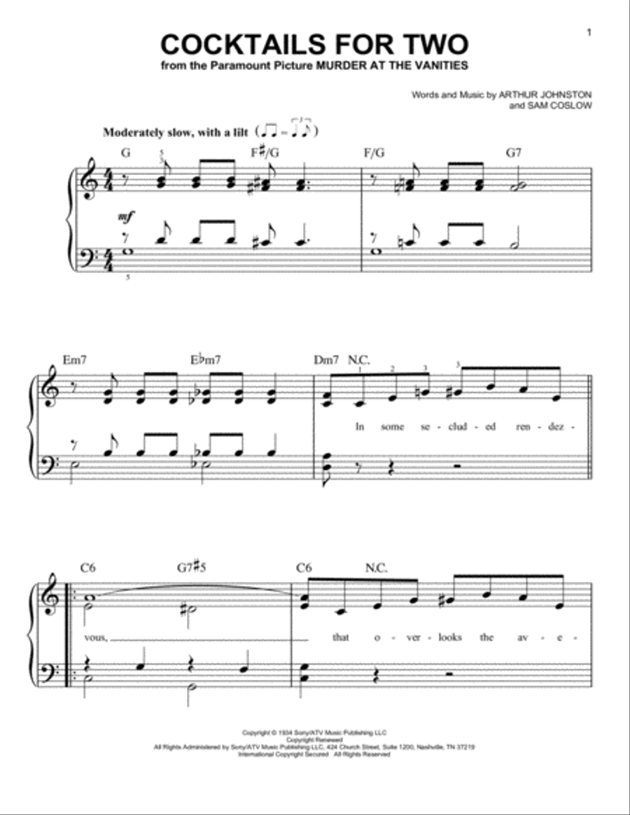 Cocktails For Two Easy Piano scores gallery preview page 1
