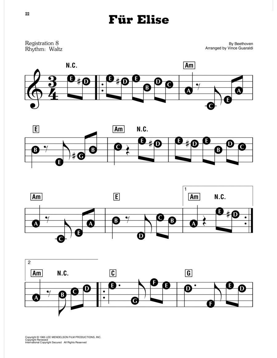Fur Elise (from A Charlie Brown Christmas) Electronic Keyboard scores gallery preview page 1